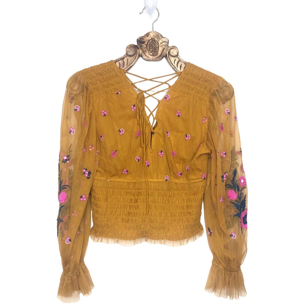 Anthropologie Top Smocked Flora Embroidered Mesh Puff Sleeve Tie Up Back M - Picture 2 of 8